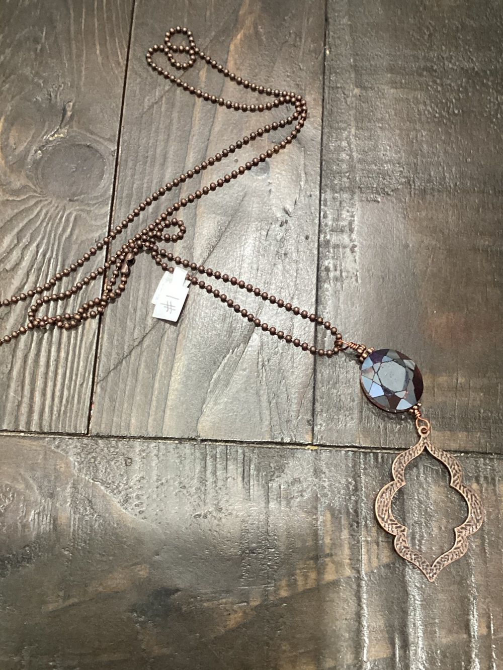Copper-Tone Long Pendant‎ Necklace with Faceted Blue Accent